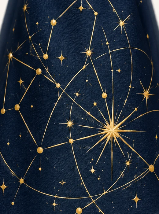 Gold constellation embroidery on midnight-navy fabric