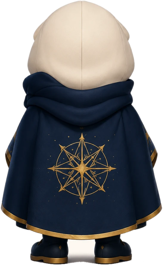 Lumi seen from behind, cloak marked with a gold compass, facing the unwritten page.