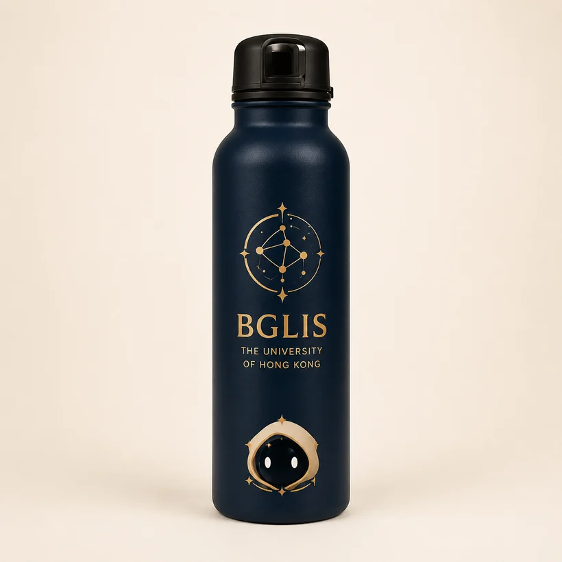 Navy bottle with the BGLIS mark and Lumi peeking from the bottom